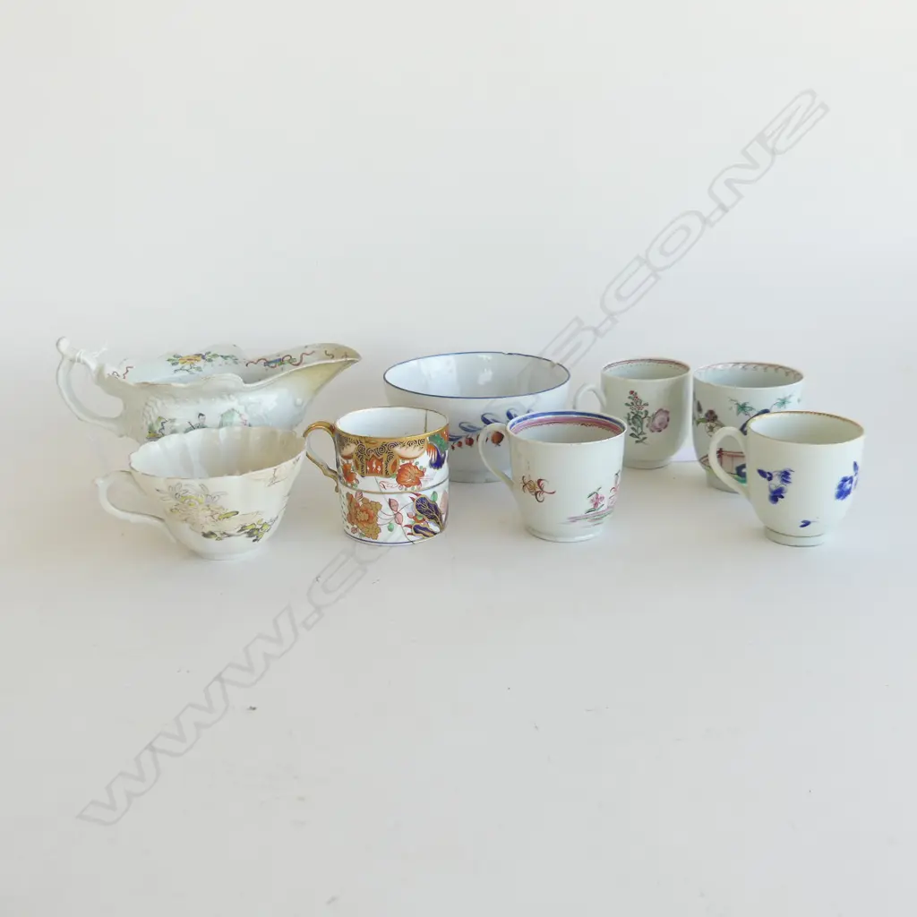 8 PCES 18/19thC PORCELAIN; SAUCE BOAT, 5 COFFEE CANS, TEA CUP, BOWL Image 1++