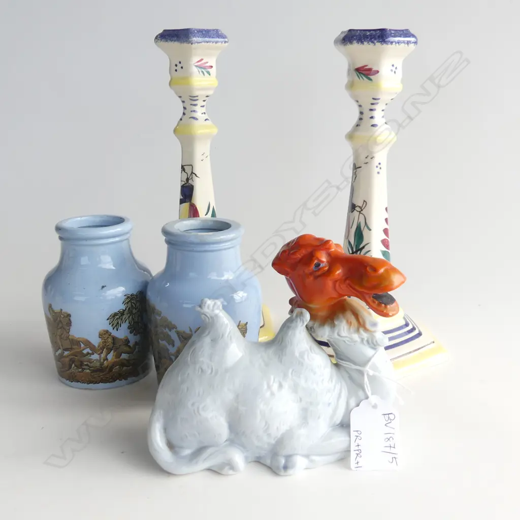 PR FRENCH HAND PAINTED CANDLE STICKS H.215mm, PR PRATTWARE JARS, CAMEL Image 1++