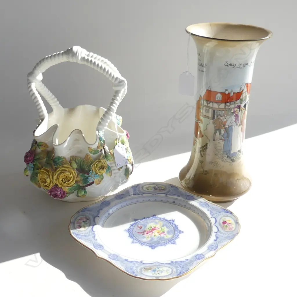 BURLEIGH WARE 'SALLY IN OUR ALLEY' VASE H.260mm hairlines + CERAMIC BASKET w. ROSES + R/WORCSTER PLATE AF Image 1++