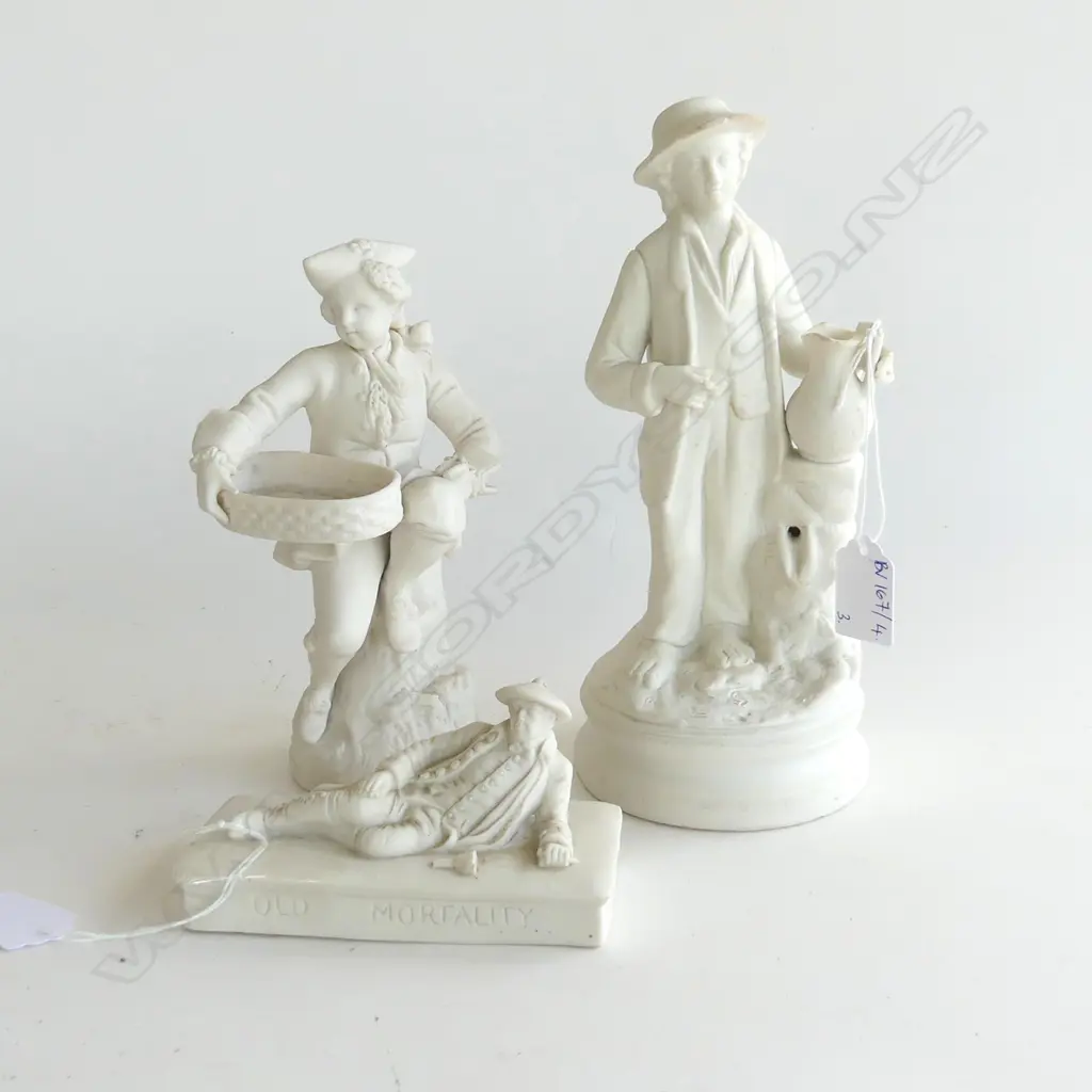3 VICTORIAN PARIAN WARE FIGURES; MAN w. PITCHER H.230mm, MAN w. BASKET, 'OLD MORTALITY' W.125mm AF Image 1++