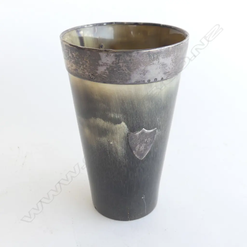 SCOTTISH SILVER RIMMED HORN BEAKER 130MM Image 1++