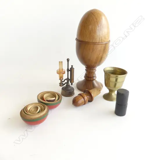 6 COLLECTABLES INCLUDING TURNDED WOOD EGG CUP BY JIM HUGHS 200MM