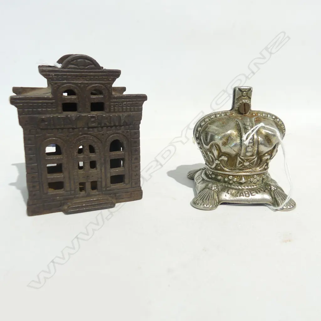 2 CAST IRON MONEY BOXES CITY BANK & CORONATION CROWN  H100 & 80MM Image 1++