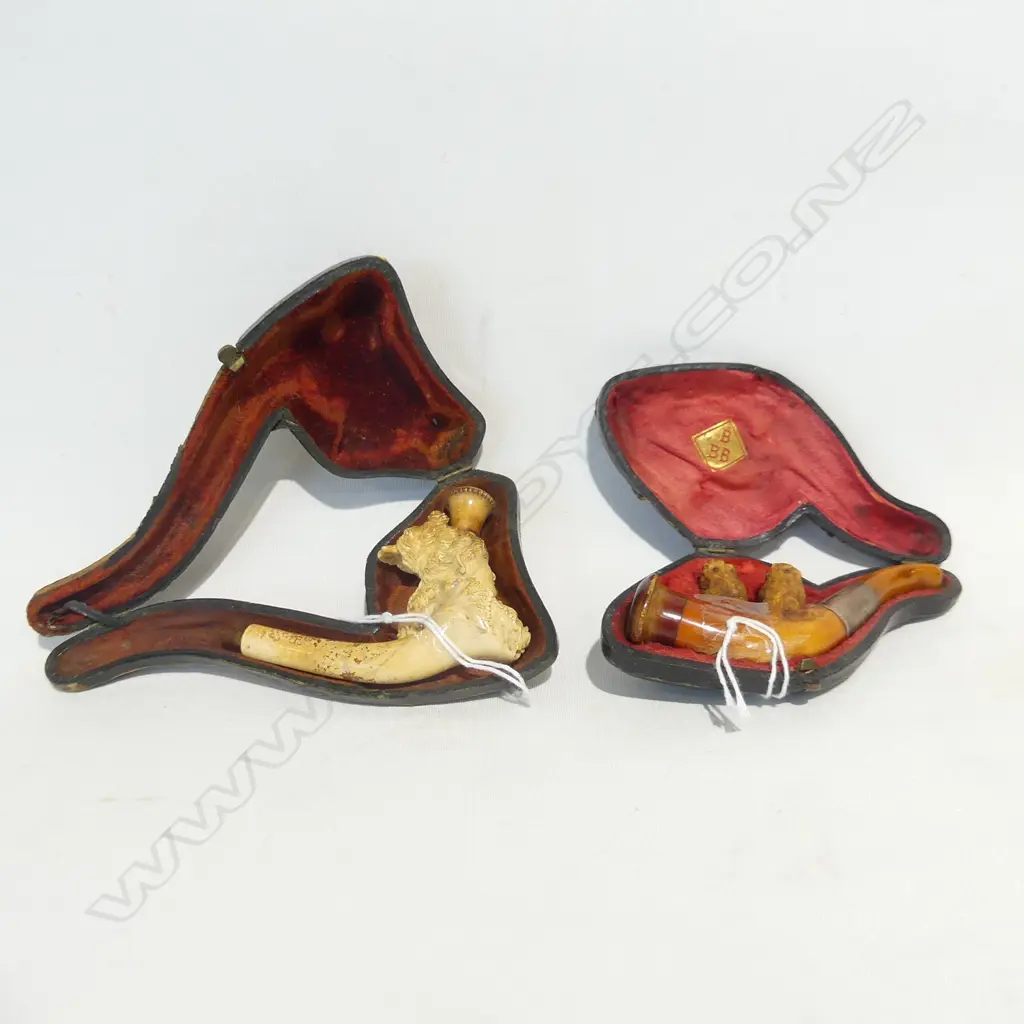 2 CASED MEERCHAUM PIPES OWLS & LADY NO MOUTH PC 110 & 130 MM Image 1++