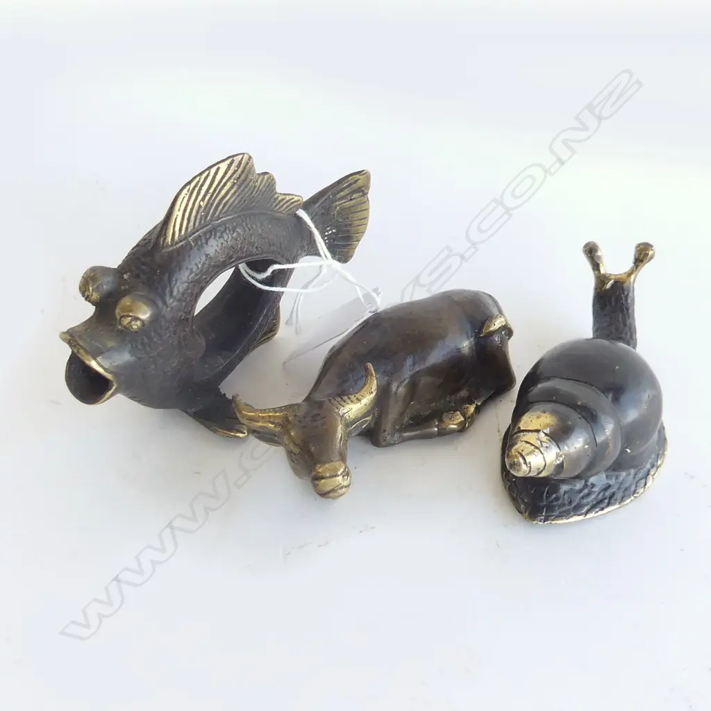 3 BRONZE PCS; SNAIL (L100MM), FISH (L100MM)  & BULLOCK (L95MM) Image 1++