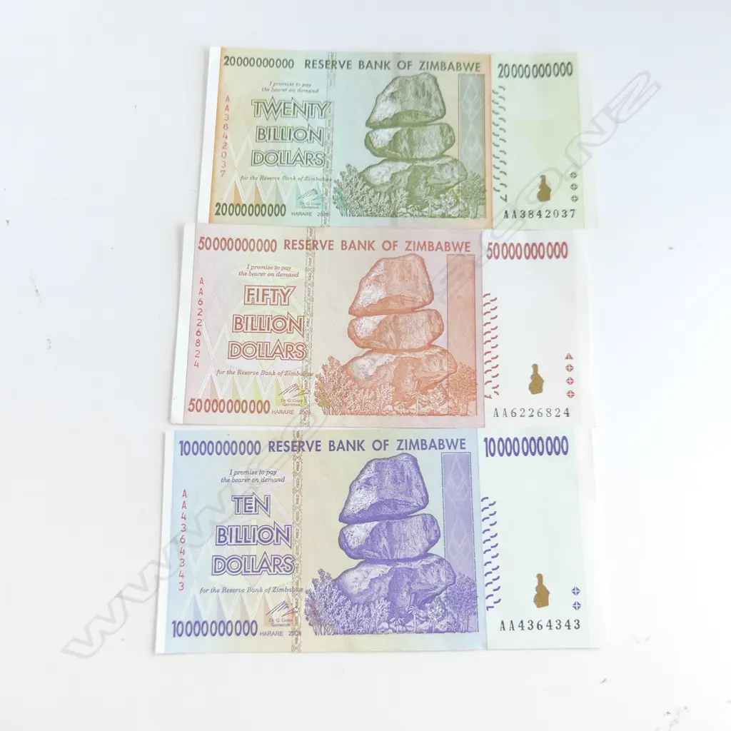 3 ZIMBABWE BANK NOTES;10, 20 & 50 BILLION Image 1++