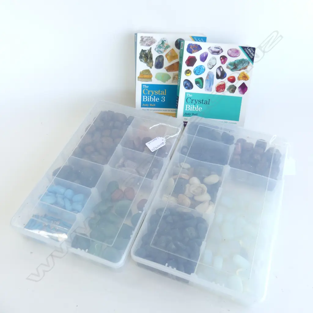 2 TRAYS ASST. POLISHED STONES + 2 BOOKS; JUDY HALL CRYSTAL BIBLE 1 & 3 Image 1++
