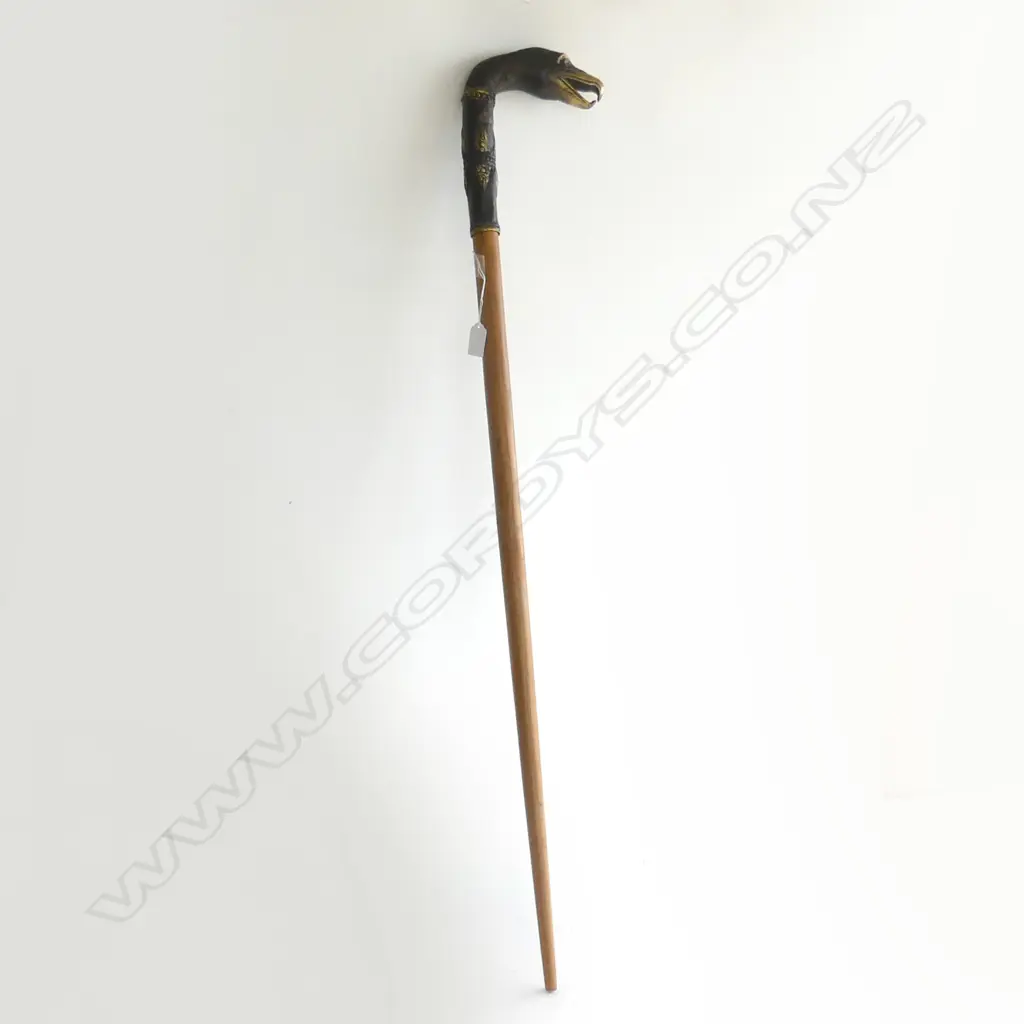 WOODEN WALKING STICK WITH BRONZE BIRD HEAD HANDLE & SHAFT L. 1000MM Image 1++