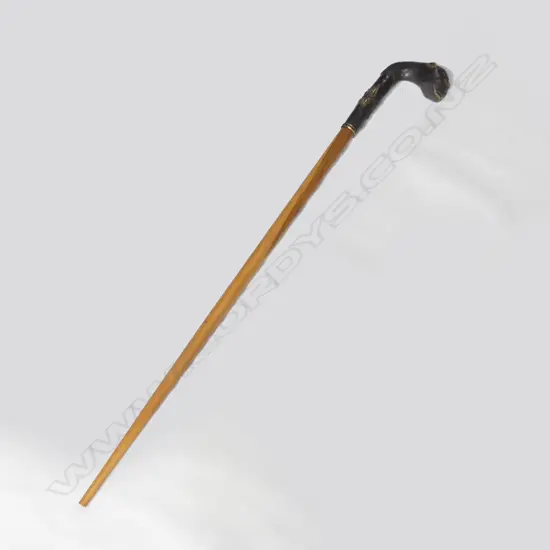 	WOODEN WALKING STICK WITH BRONZE MONKEY HEAD HANDLE & SHAFT L. 1000MM