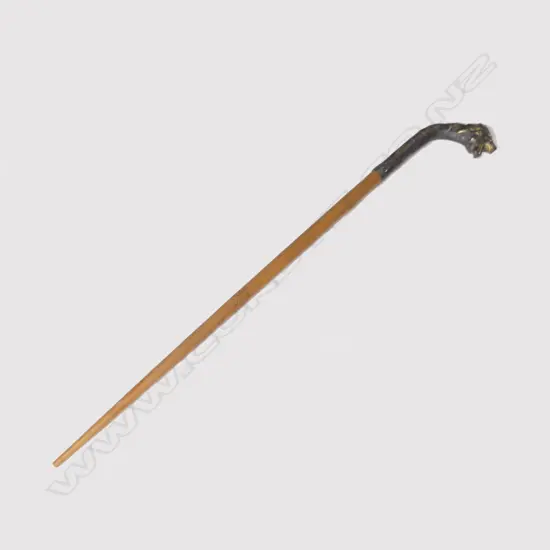 WOODEN WALKING STICK WITH BRONZE LIONS HEAD HANDLE & SHAFT  L. 1050MM