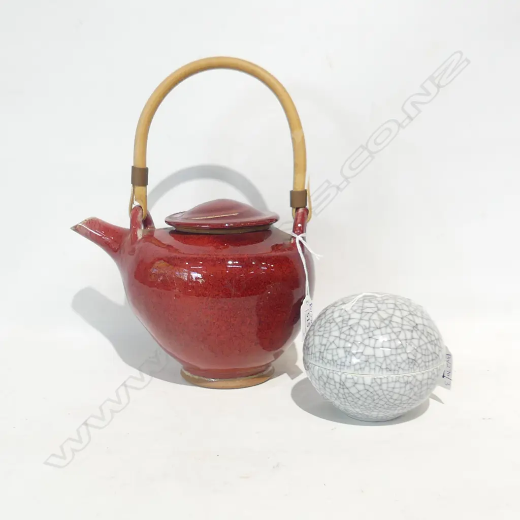 CAMPBELL HEGAN RED GLAZED STUDIO POTTERY TEAPOT H.280mm + ORB w. RED INTERIOR 110mm dia Image 1++