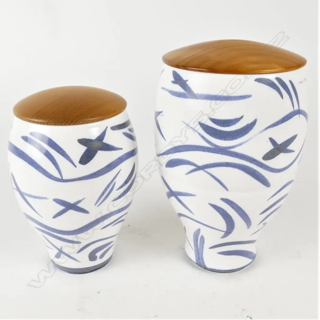 ANNEKE BORREN, 2 BLUE ON WHITE PORCELAIN POTS  W turned kauri lids Image 1++