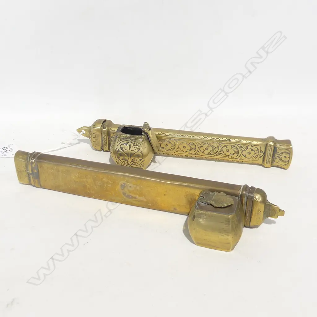   2 BRASS CALLIGRAPHY INK POTS & QUILLS Image 1++