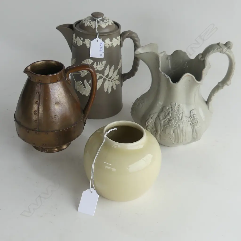 4 CERAMICS; DOULTON LAMBETH FAUX COPPER JUG, BROWN JASPARWARE COFFEE POT, GREY SPODE PARIAN JUG, BULLERS GINGER JAR Image 1++