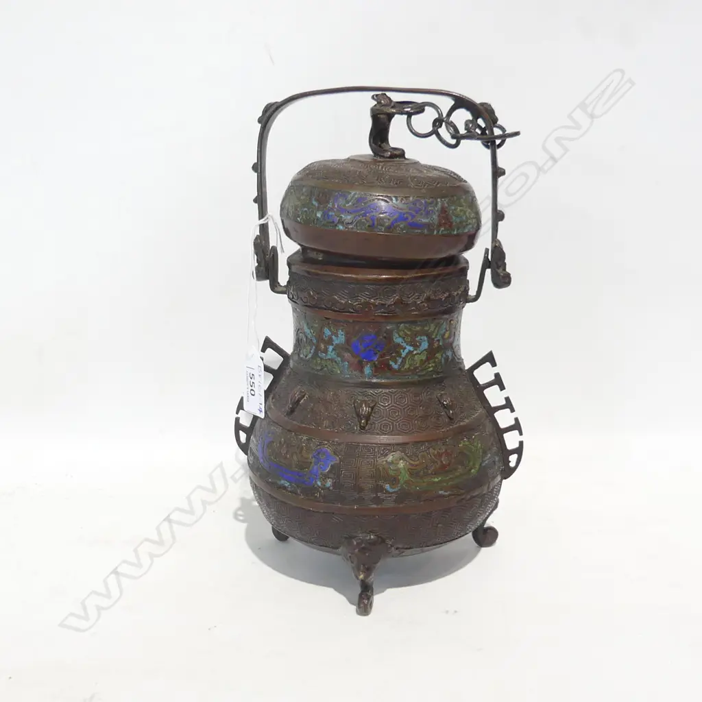 ORIENTAL BRASS LIDDED POT WITH CLOISONNE BANDS H. 270MM Image 1++