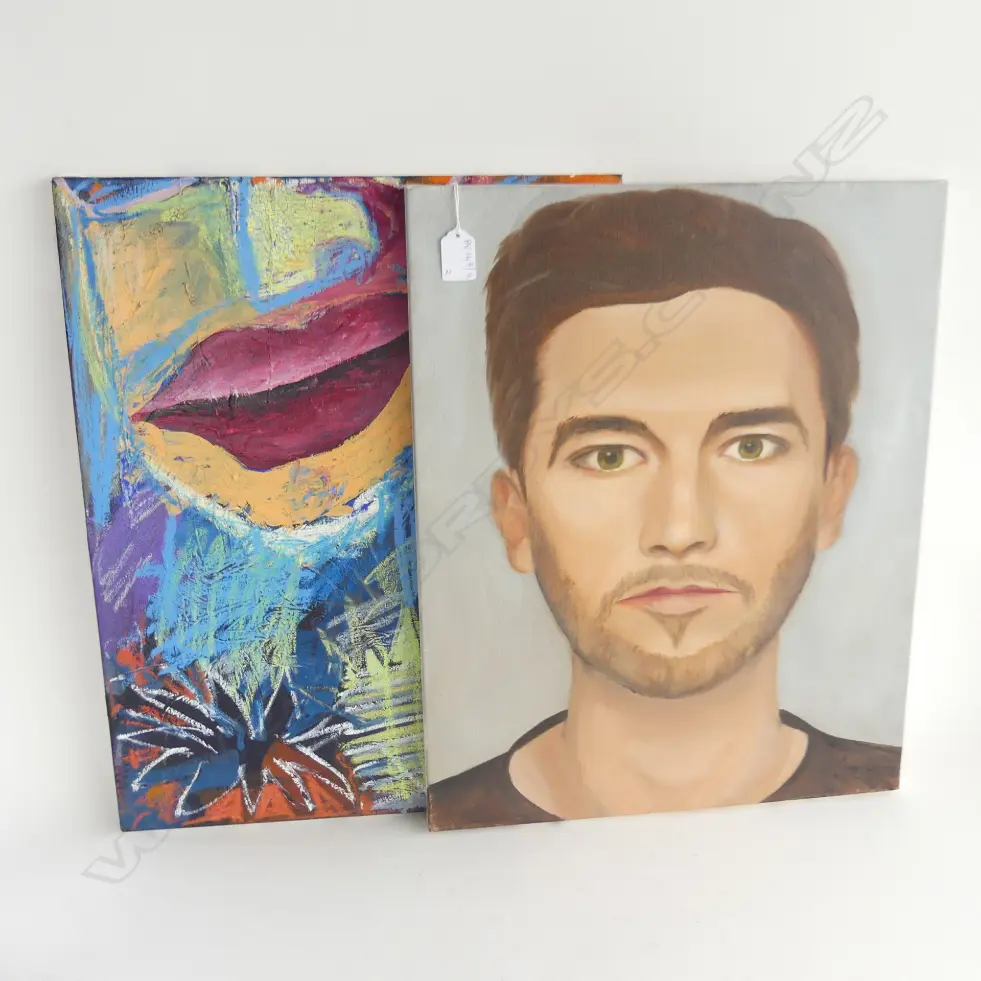 2 ARTIST UNKNOWN ACRYLICS ON CANVAS - MALE PORTRAIT & ABSTRACT 510x410mm Image 1++