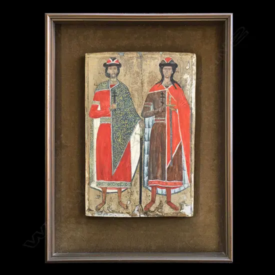 ST BORIS & ST GLEB, WOODEN MOUNTED PRINT OF 14THC RUSSIAN ICON, 56 x 42mm (INCL FRAME)