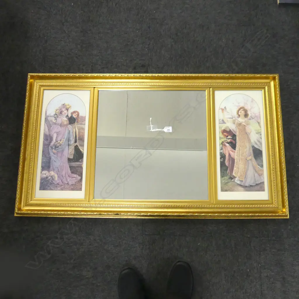 GOLD FRAMED MIRROR w. EDWARDIAN STYLE PRINTS 655x1175mm Image 1++