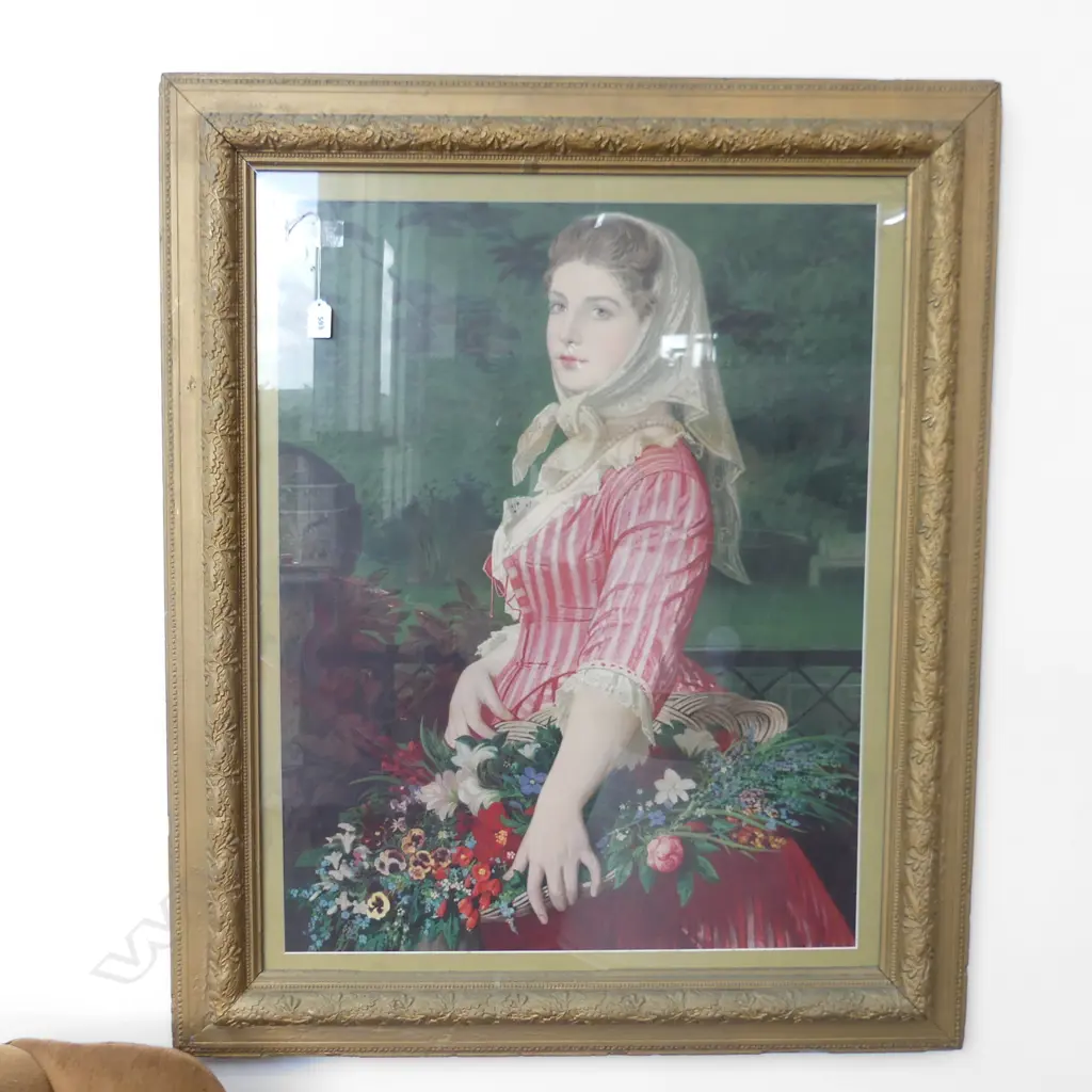 ANTIQUE PRINT; WOMAN w. FLOWER BASKET IN GOLD FRAME 750x580mm Image 1++