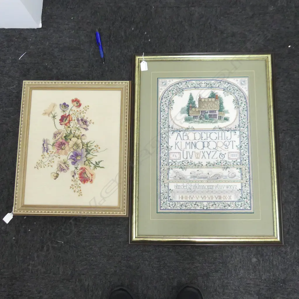 2 FRAMED NEEDLEWORKS; ALPHABET 500x335mm / FLORAL 335x425mm Image 1++