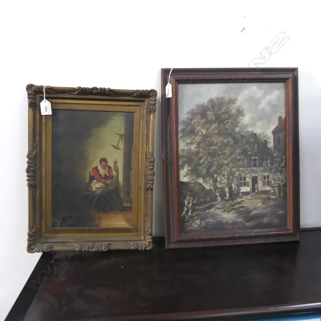 2 DUTCH STYLE OILS; WOMAN SPINNING WOOL 300x205mm + EXTERIOR HOUSE SCENE 390x285mm Image 1++