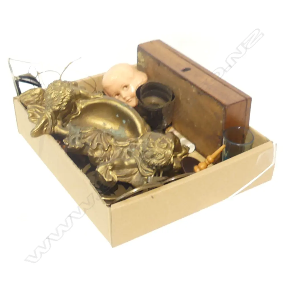 BOX LOT GOLD CHERUB WALL DECOR, OLD GLASSES ETC Image 1++