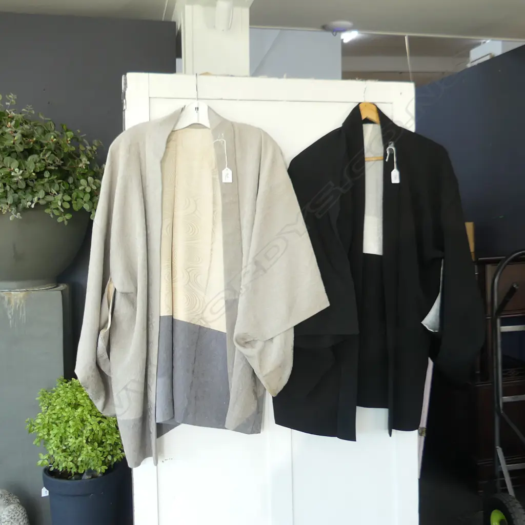 2 SILK SHORT KIMONO JACKETS,  ONE BLACK, ONE GREY WITH FLORALS Image 1++