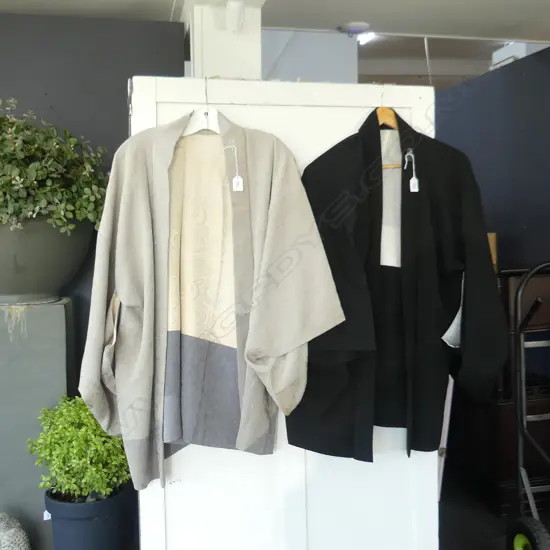 2 SILK SHORT KIMONO JACKETS,  ONE BLACK, ONE GREY WITH FLORALS
