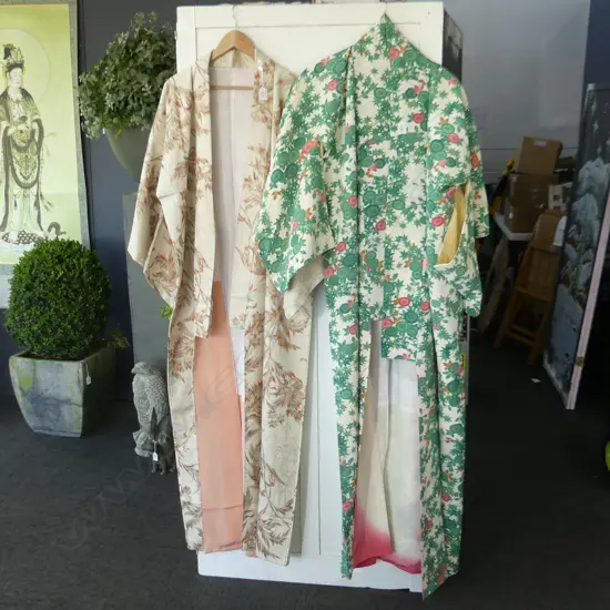 2 SILK KIMONOS,  AUTUMN LEAVES & GREEN LEAVES