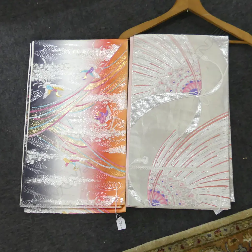 2 SILK OBI, 1 WITH PHOENIX,  1 SILVER FANS Image 1++