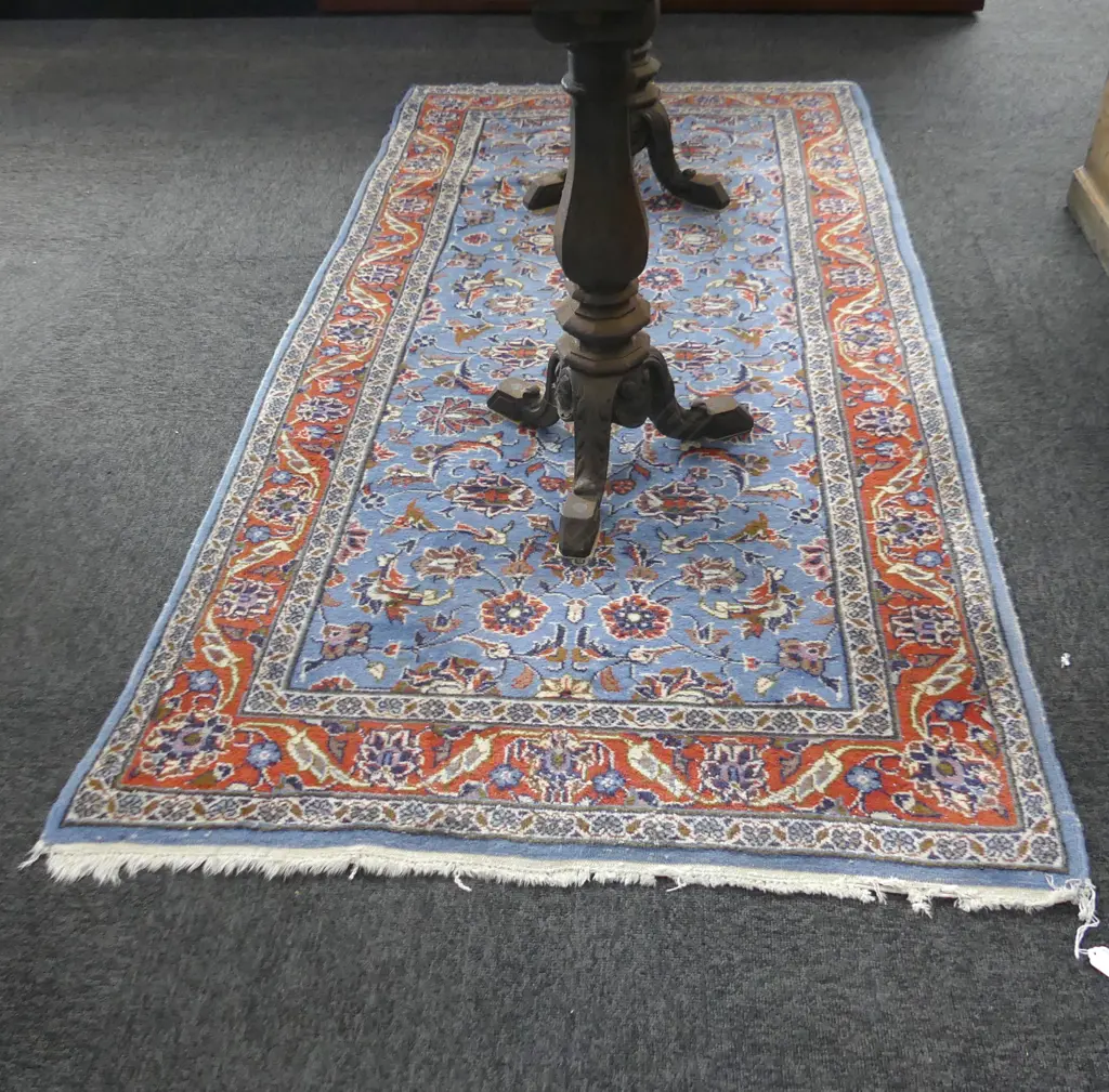 H/KNOTTED WOOL PILE PERSIAN RUG BLUE w. REDDY ORANGE 2000 X 970mm Image 1++