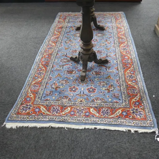 H/KNOTTED WOOL PILE PERSIAN RUG BLUE w. REDDY ORANGE 2000 X 970mm