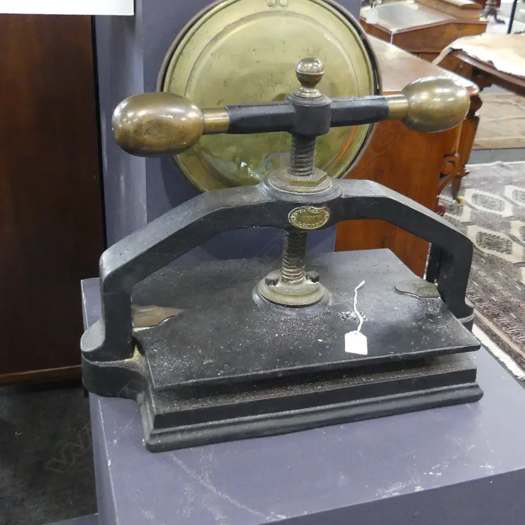 ANTIQUE S. MORDAN & CO. CAST IRON & BRASS BOOK PRESS LGE HANDLE TO TOP. W.500mm Image 1++