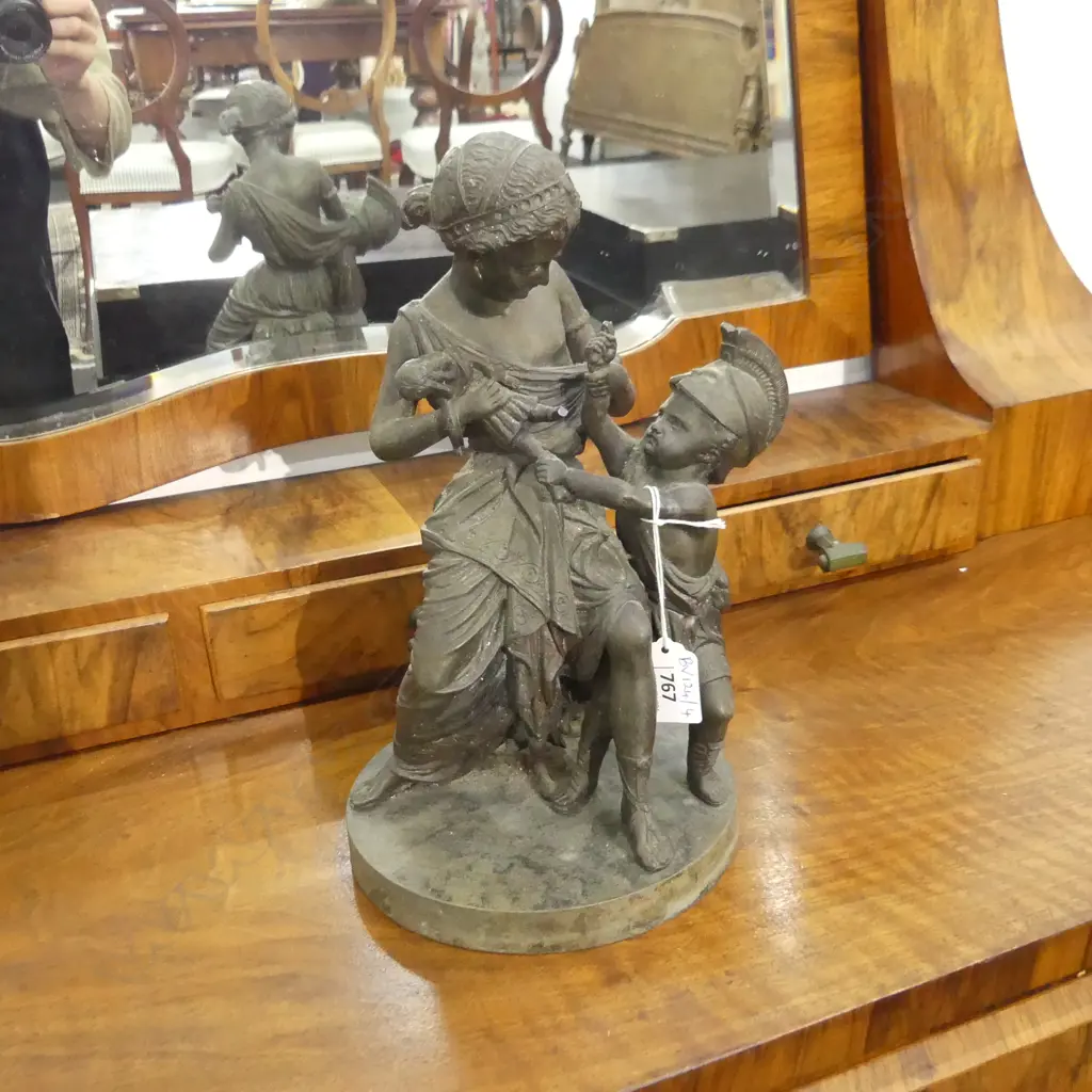 VICTORIAN SPELTER FIGURINE; 2 CHILDREN IN CLASSICAL DRESS H.280mm (dolls foot AF) Image 1++
