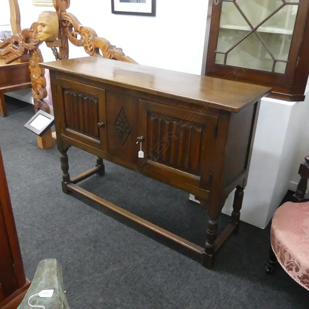 GEO. III STYLE OAK SMALL SIDEBOARD.LINEN FOLD PANEL DOORS L.1180mm. Image 1++