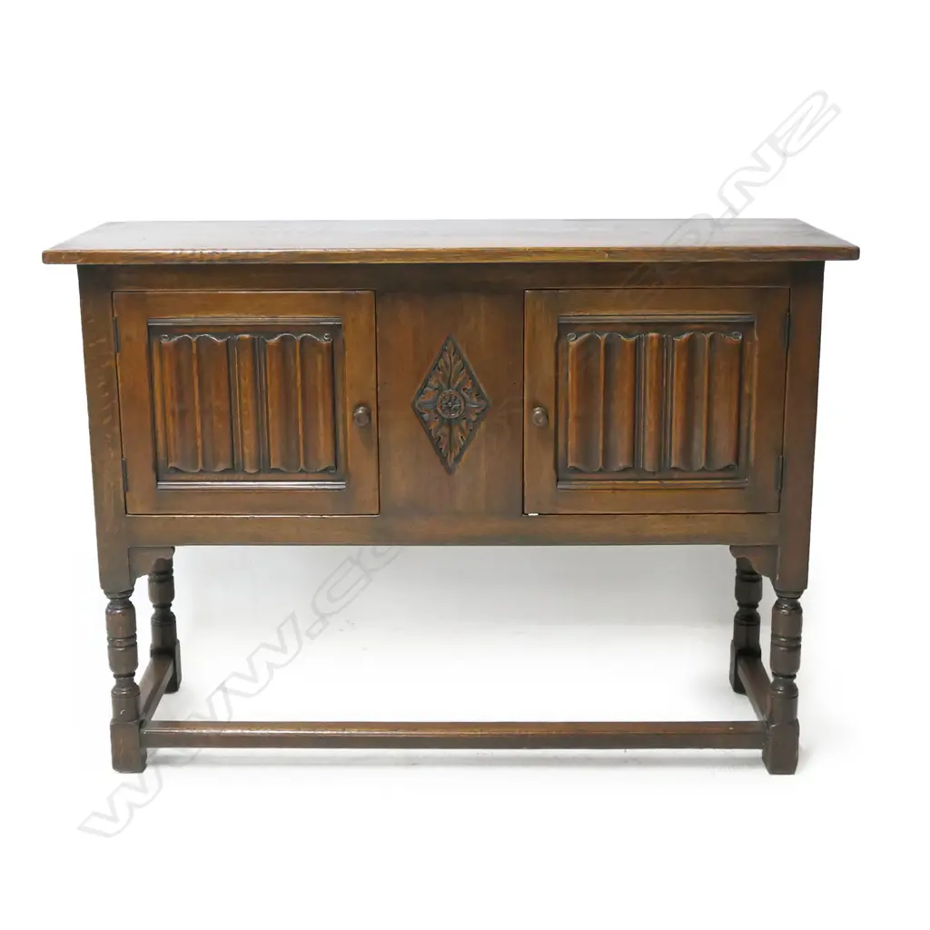 GEO. III STYLE OAK SMALL SIDEBOARD.LINEN FOLD PANEL DOORS L.1180mm. Image 1++