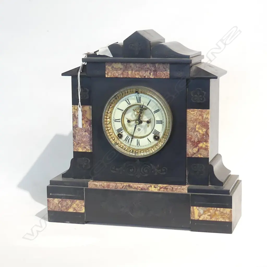 ANTIQUE ANSONIA BLACK MARBLE MANTLE CLOCK w. KEY H.360mm Image 1++