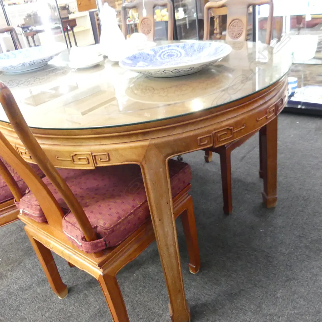 CHINESE ROSEWOOD DINING TABLE w. GLASS TOP 1115x1550x780 + 6 DINING CHAIRS - 2 ON CASTORS / ALL w. CUSHIONS Image 1++