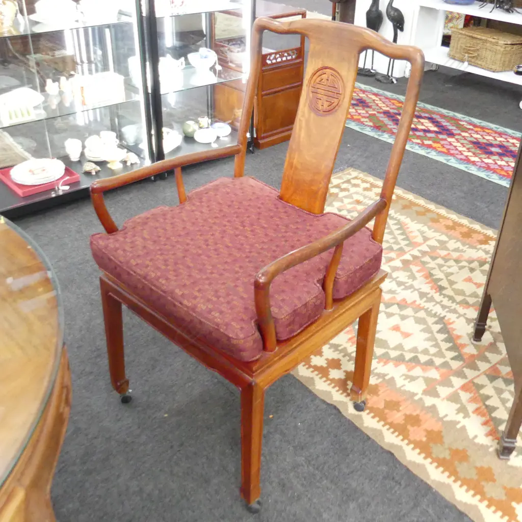 CHINESE ROSEWOOD DINING TABLE w. GLASS TOP 1115x1550x780 + 6 DINING CHAIRS - 2 ON CASTORS / ALL w. CUSHIONS Image 1++