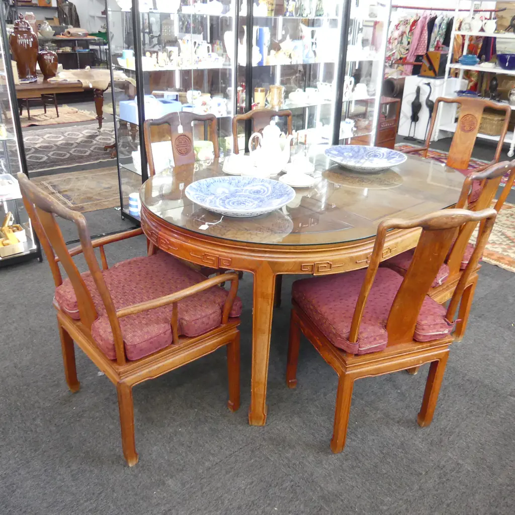 CHINESE ROSEWOOD DINING TABLE w. GLASS TOP 1115x1550x780 + 6 DINING CHAIRS - 2 ON CASTORS / ALL w. CUSHIONS Image 1++