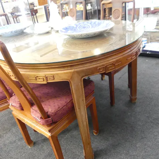 CHINESE ROSEWOOD DINING TABLE w. GLASS TOP 1115x1550x780 + 6 DINING CHAIRS - 2 ON CASTORS / ALL w. CUSHIONS