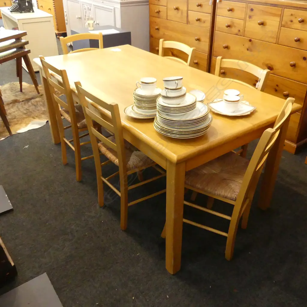 LG BLONDE PINE DINING TABLE L. 1780 X 900MM + 6 CHAIRS WITH RUSH SEATS Image 1++