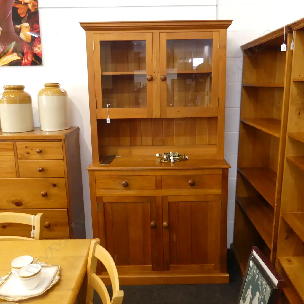 WOODEN DRESSER; 2 GLASS FRONTED CUPBOARDS AT TOP H. 1940 W 1020MM Image 1++