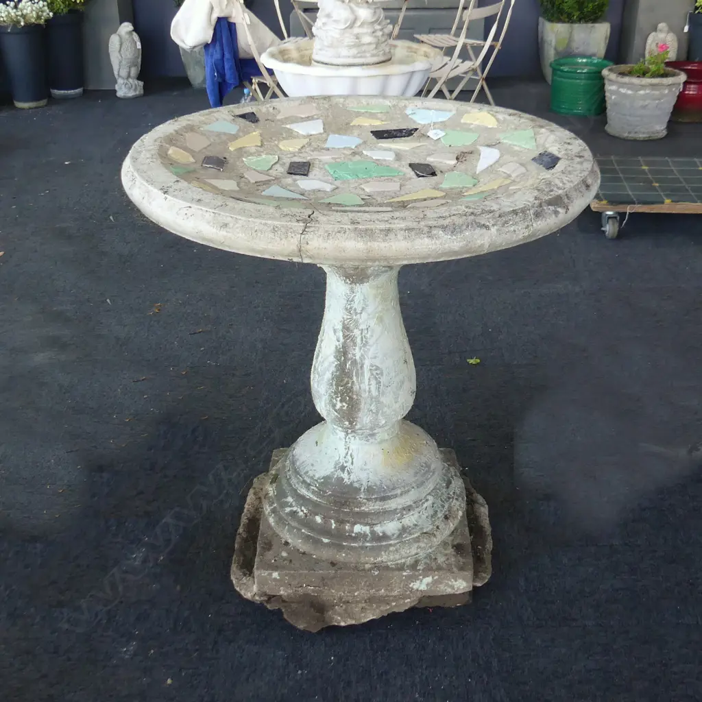 LGE VINTAGE CONCRETE BIRD BATH w. MOSAIC BOWL 740mm dia Image 1++