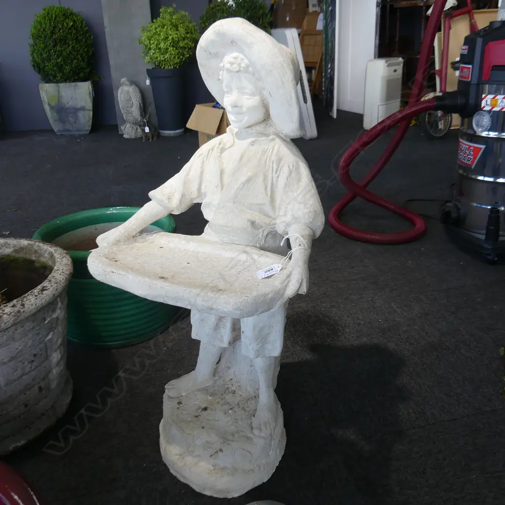 CONCRETE GARDEN ORNAMENT; BOY HOLDING TRAY H.760mm Image 1++