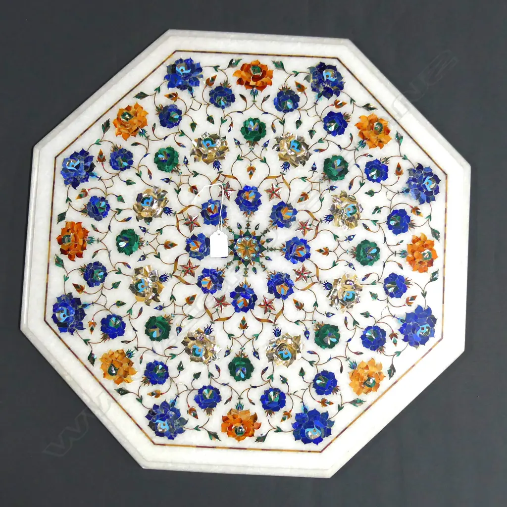 OCTAGONAL MARBLE TABLE TOP w. SEMI PRECIOUS STONE & MoP INLAY 615mm dia Image 1++