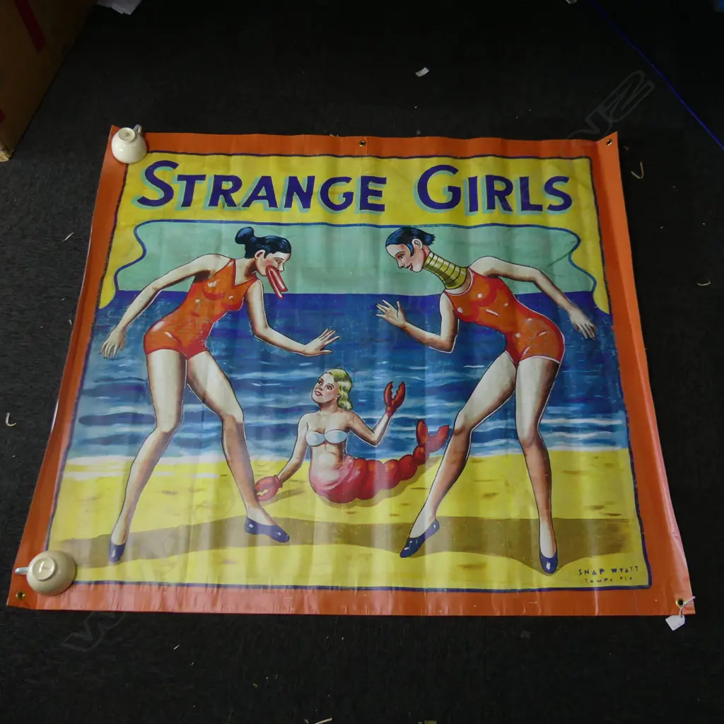 LARGE 'STRANGE GIRLS' CIRCUS BANNER 1370 X 1120MM Image 1++