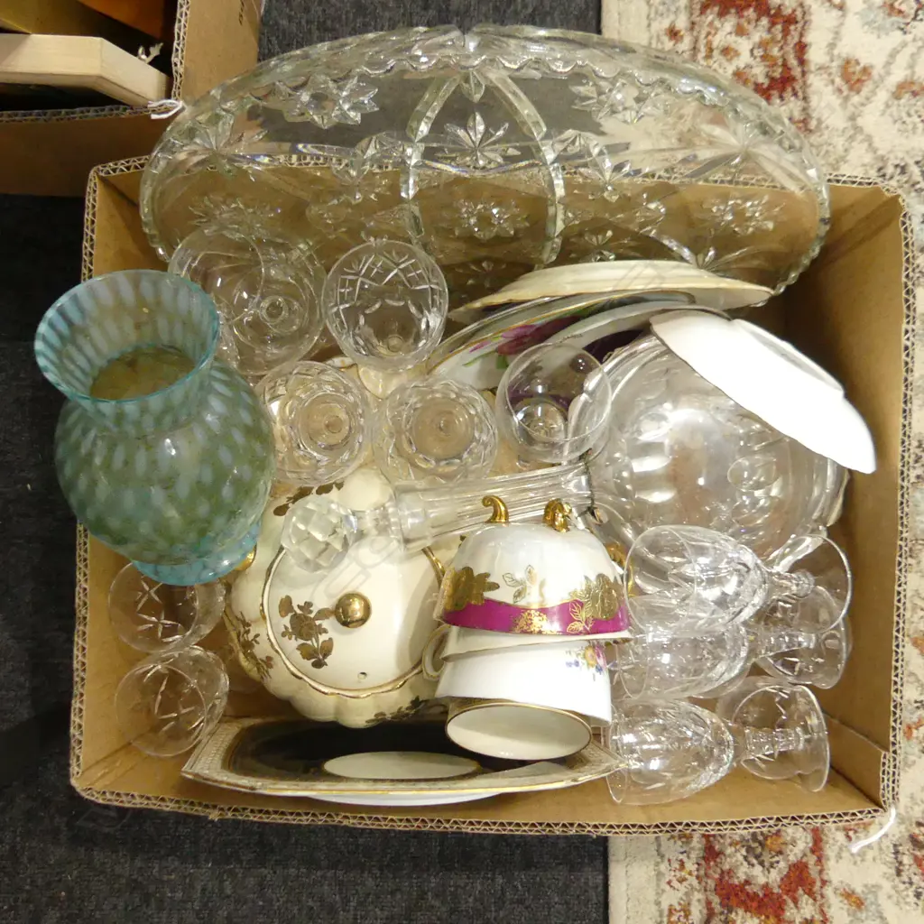 BOX LOT ASST. CRYSTAL GLASSES / DECANTER, CHINA ETC Image 1++