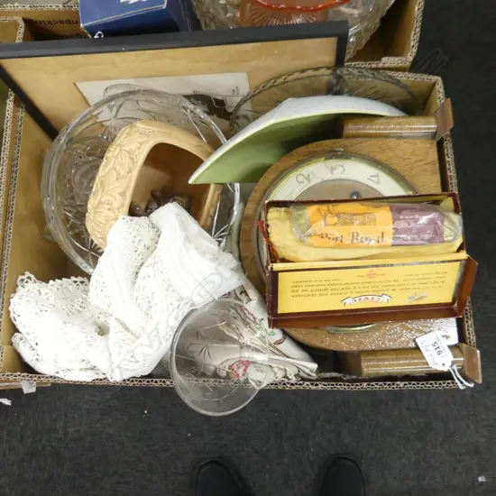BOX LOT ASST. CRYSTAL, LINENS, DECO MANTLE CLOCK ETC