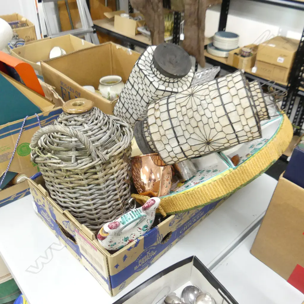 BOX LOT PLATTER, EYEWEAR BOOK, PR LANTERNS, COPPER MUGS, CROCK ETC Image 1++